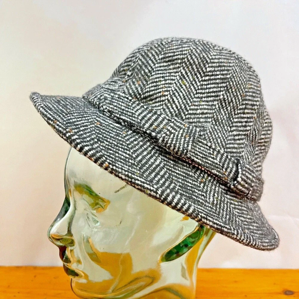 Dorfman Pacific‎ Mens Scala Tweed Herringbone Fedora Hat Large Black White Gray